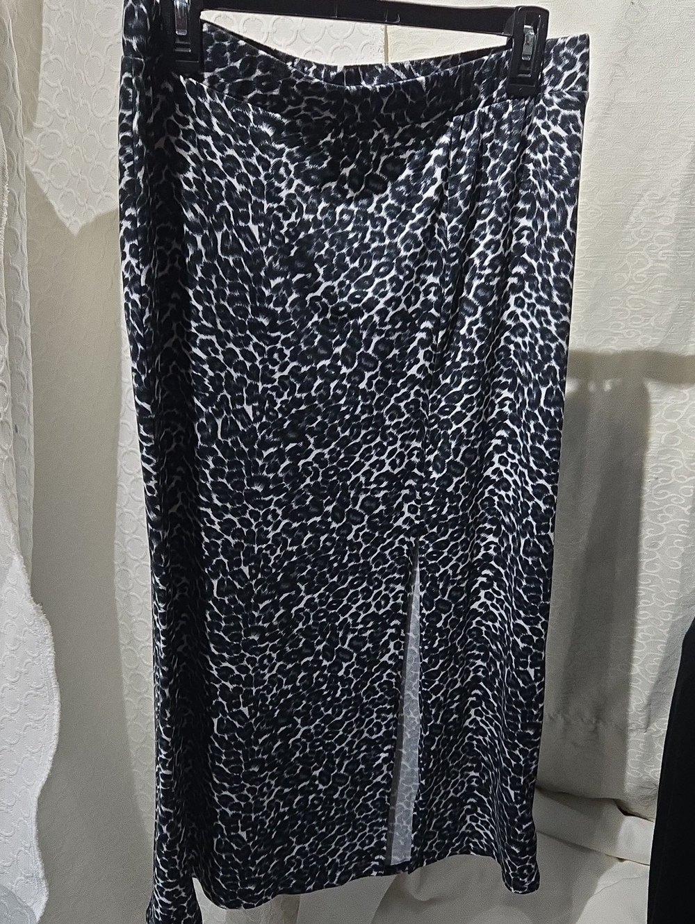 Socialite Black and White Leopard Print Midi Skirt with Front Slit